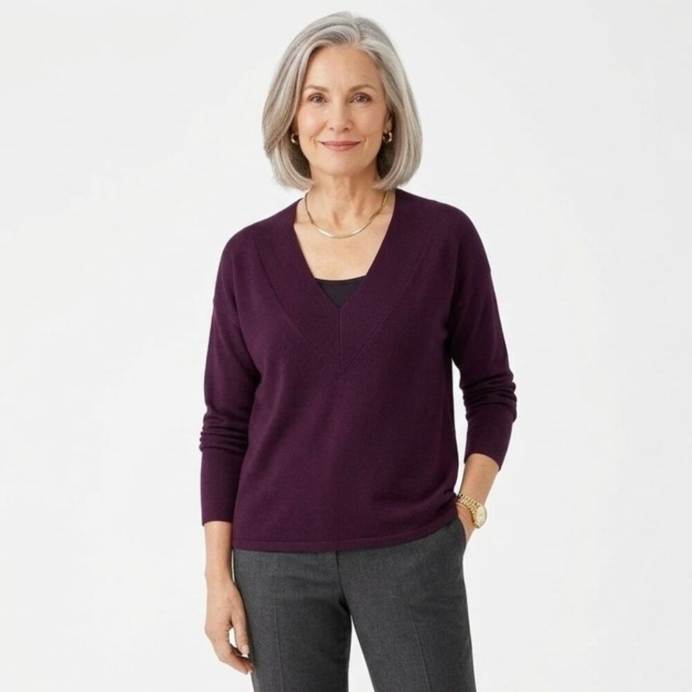 EILEEN FISHER Women's M Tencel Silk V Neck Lightweight Textured Sweater Maroon